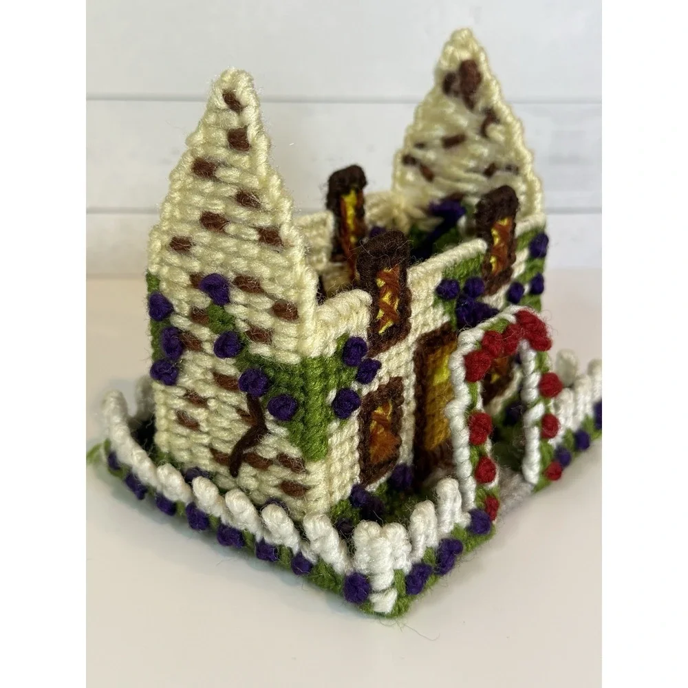 Vintage Plastic Canvas Yarn House Pen Holder Desk Organizer Handmade Needlepoint
